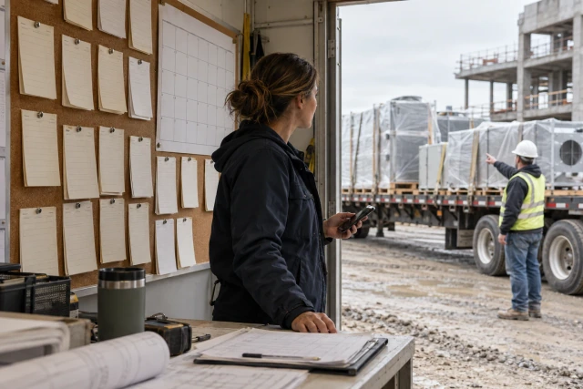 A purchasing coordinator checking delivery slips in a site trailer while speaking by phone, with a flatbed delivery visible outside.