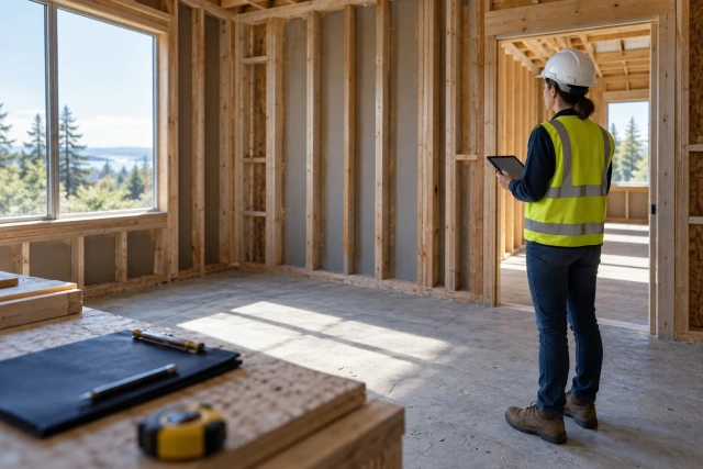 A fictional construction coordinator holding a tablet in a quiet unfinished room with visible framing and daylight.