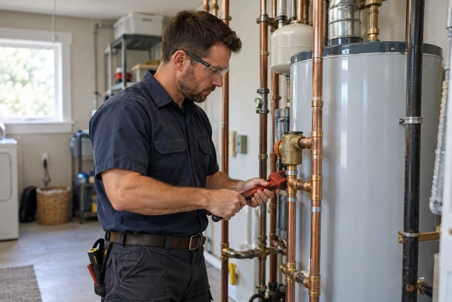 A plumber inspecting copper pipework beside a water heater