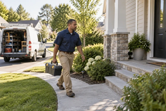 A service contractor carrying a toolbox from a work van to a home