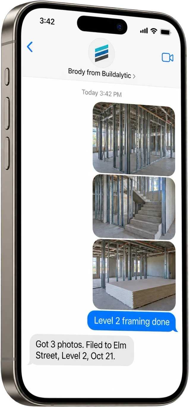An iPhone in Messages where a foreman texts three job photos and Brody replies they are filed to Elm Street, Level 2, Oct 21