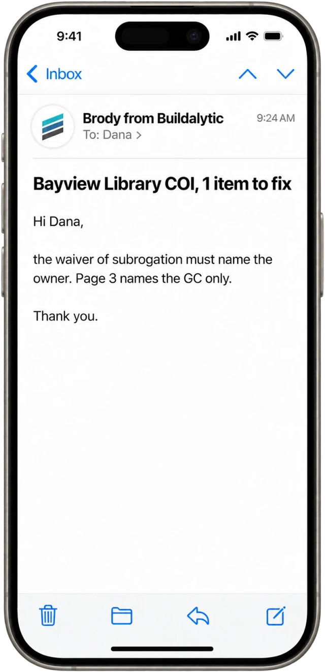 An iPhone showing an email from Brody to an insurance broker listing the endorsement that still needs to be fixed