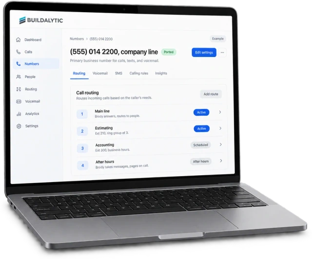 Illustrative company-line routing rules in the browser workspace on a MacBook