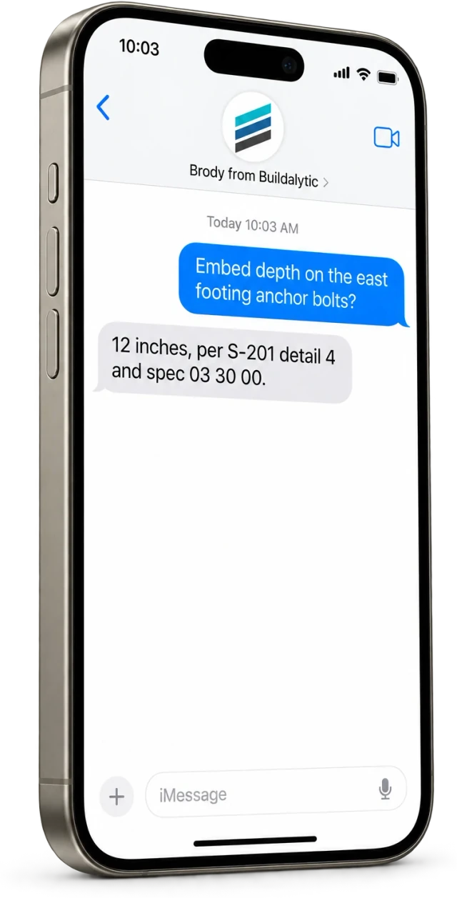 An iPhone showing a text from Brody answering an anchor bolt embed depth question with the spec section cited