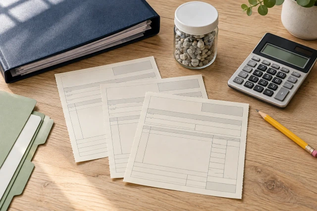 Plain weigh-ticket slips, a calculator and a document folder lie beside a small sealed aggregate sample jar.
