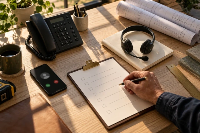 An overhead contractor-office scene with a business phone, operator headset, smartphone, drawings and an evaluation worksheet.