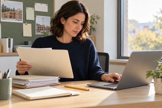 An accounts-receivable coordinator reviews a plain invoice folder at a desk beside an angled laptop.