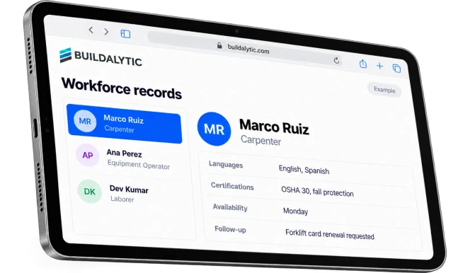 Illustrative workforce profile in Safari on an iPad with certifications, languages and availability