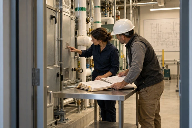 A facilities engineer and contractor checking a tabbed turnover binder against installed mechanical equipment in a completed building.