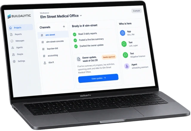 Illustrative Buildalytic browser workspace on a MacBook, using example project data