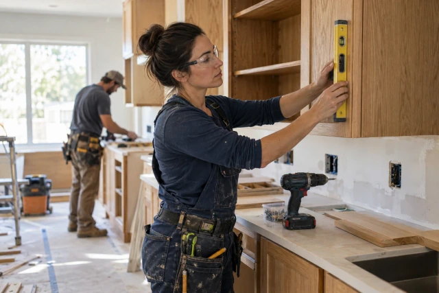 A carpenter checking the alignment of an oak kitchen cabinet