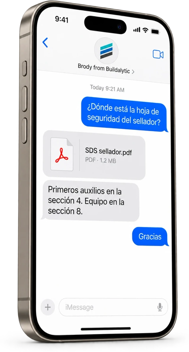 Example text thread on an iPhone where a finisher asks in Spanish for the sealer safety data sheet and Brody replies in Spanish