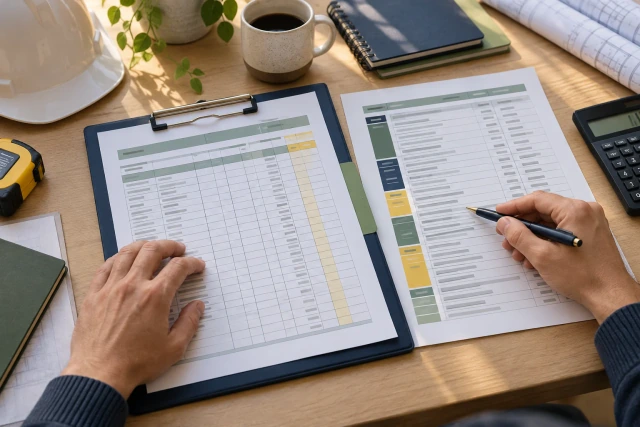 Fictional hands compare a plain time-entry sheet and cost-code reference beside a navy clipboard.