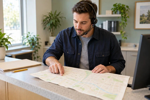 An intake coordinator uses a headset while checking an unlettered paper location map.
