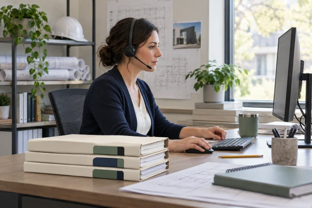 A preconstruction coordinator uses a headset beside plain folders with sage and navy revision tabs.