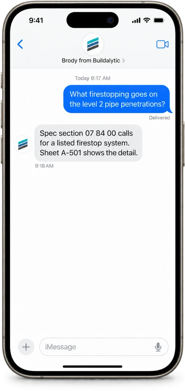 An iPhone showing a Messages thread where a foreman asks Brody about a firestopping spec and Brody answers with the spec section