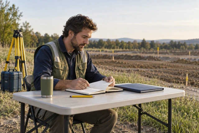 An illustrative field-record technician reviewing a notebook and report folder beside a quiet graded site.