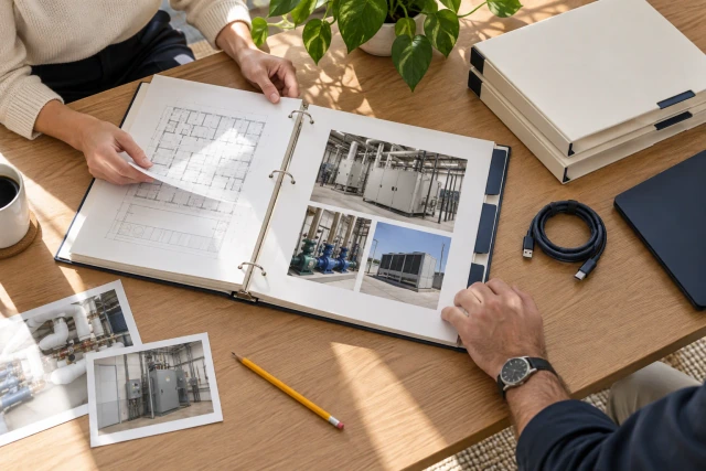 A construction coordinator and facilities manager organize plain binders and unlettered photographs on a meeting table.