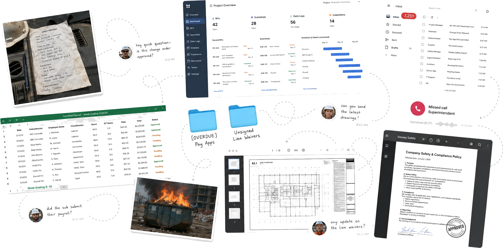 A construction back office scattered across disconnected tools: an ERP dashboard, an overflowing inbox, a certified payroll spreadsheet, PDF drawings, folders of overdue pay apps, and missed calls from the field, all linked by tangled dashed lines.